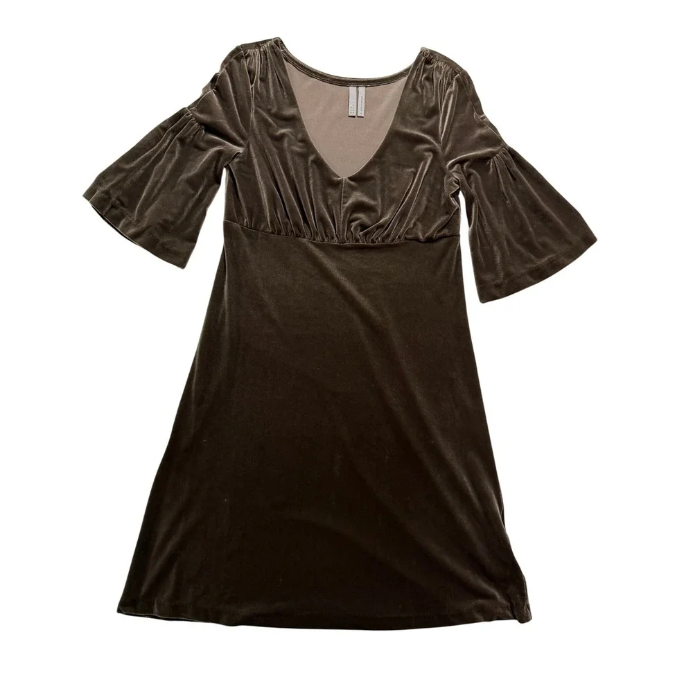 Old Navy Brown Velvet Empire Waist Dress Bell Sleeve Boho Size S‎